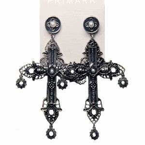 Large Faux Pearl & Metal Cross Earrings Goth Old World Gray Silver